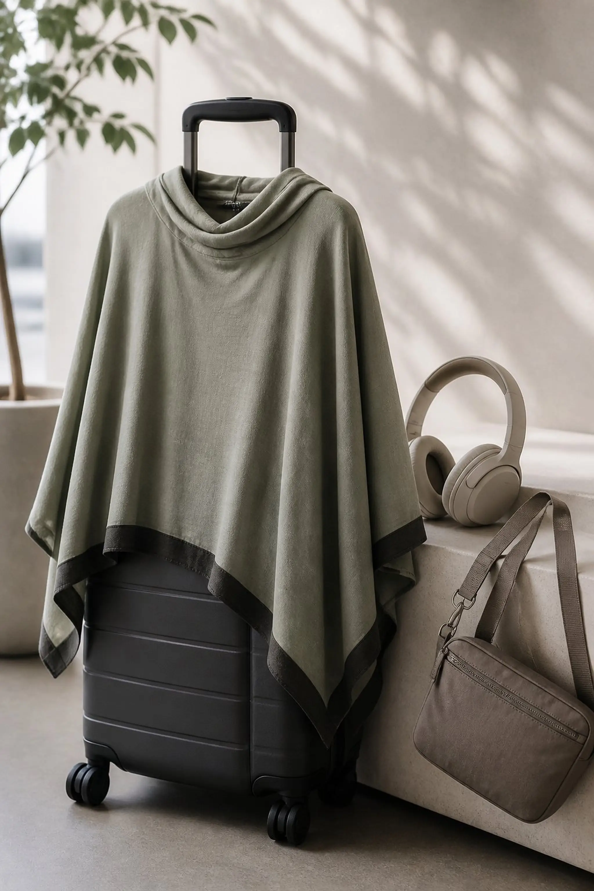 Hooded travel poncho with calming weighted hem
