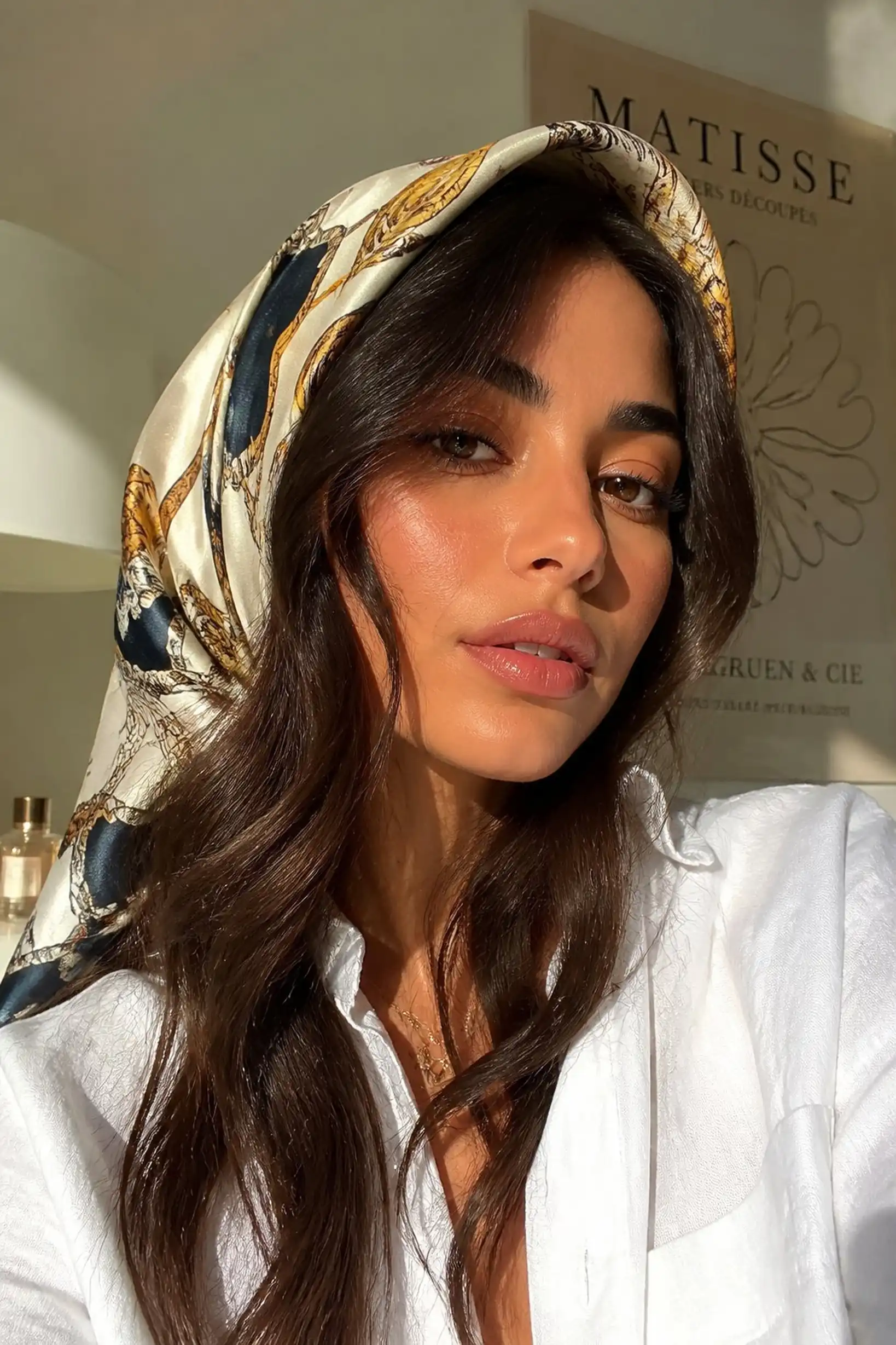 Silk Headscarf Wrapped Around Loose Hair
