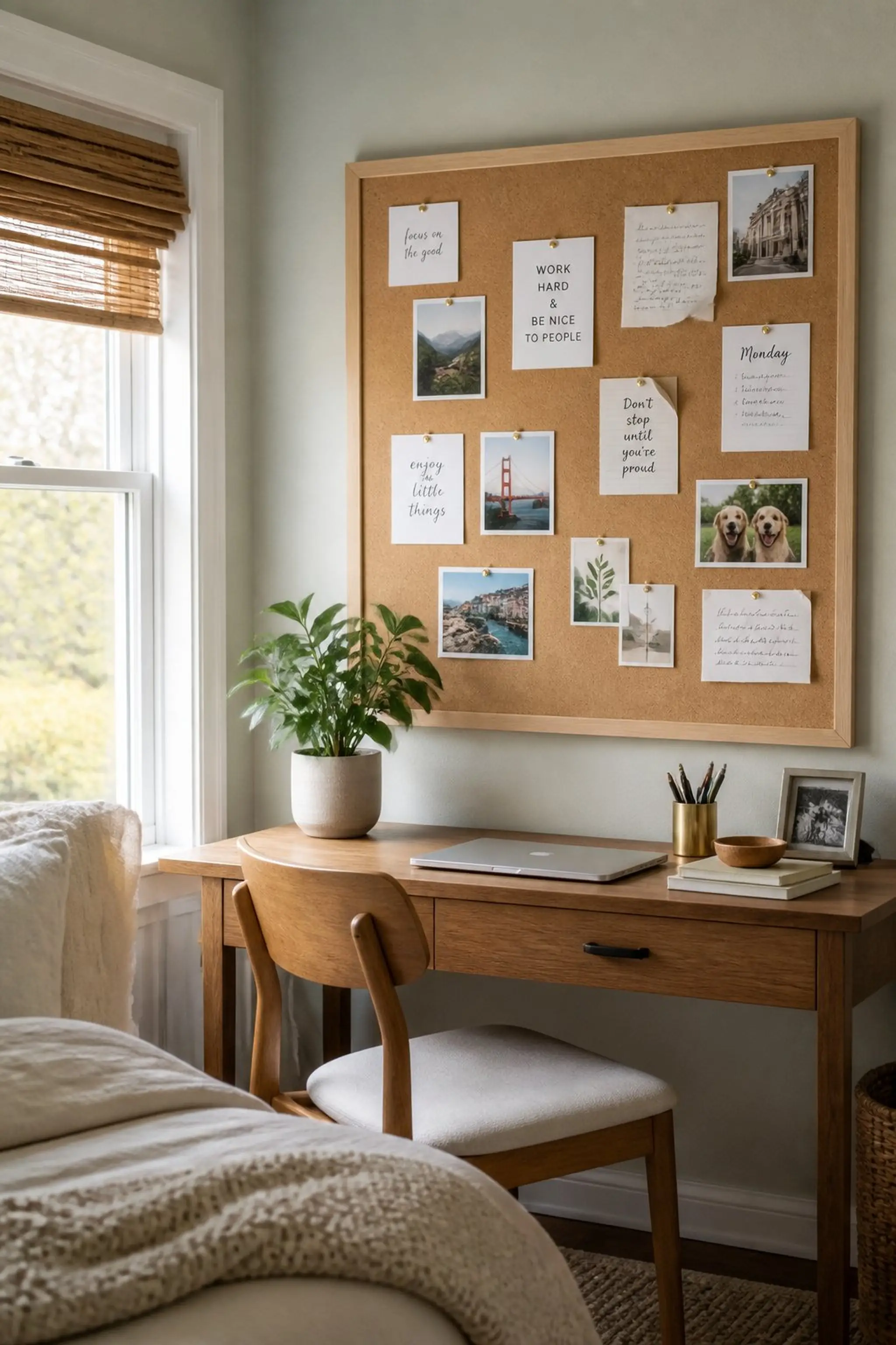 Incorporate a cork bulletin board to keep organized