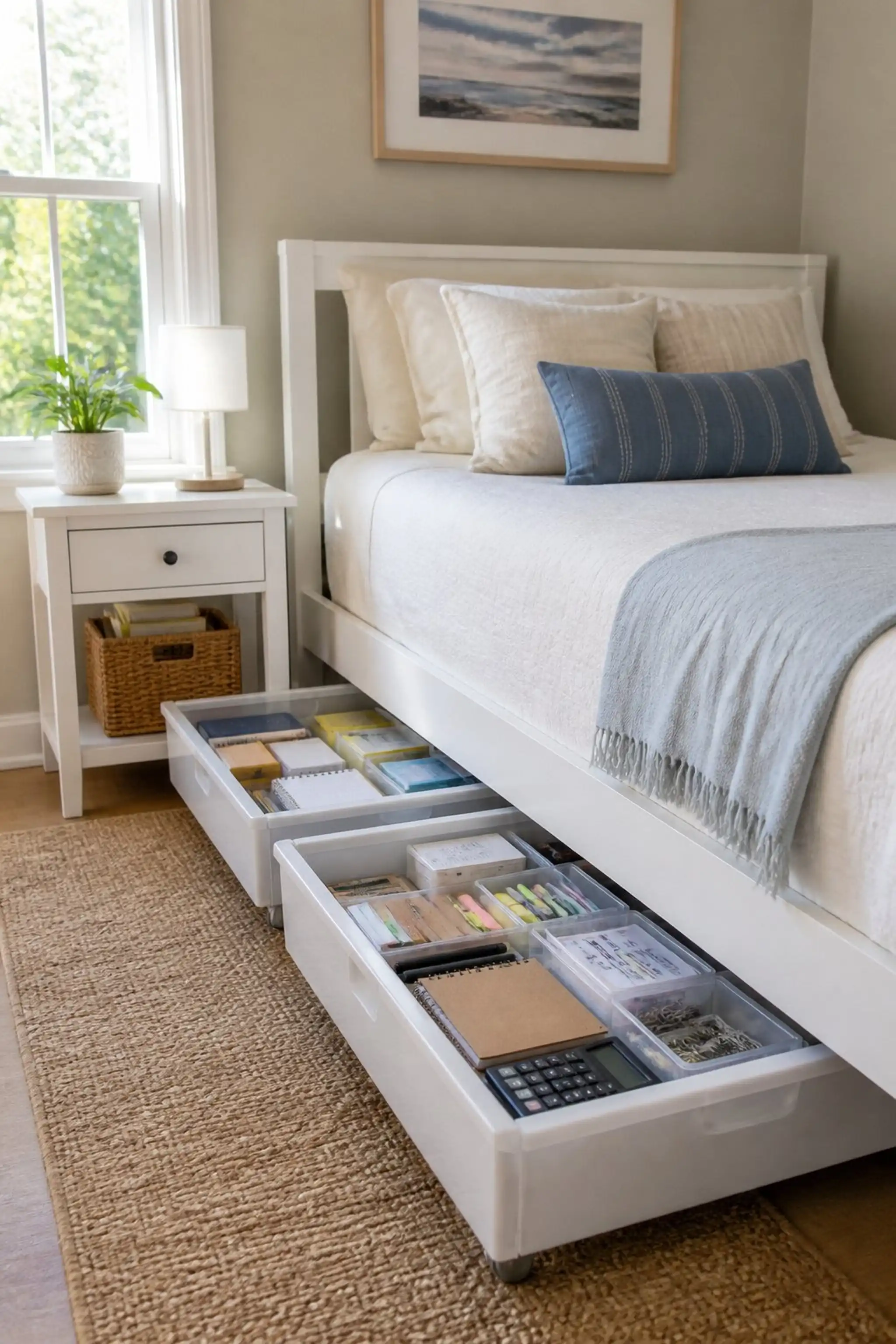 Install under-bed storage drawers for office overflow