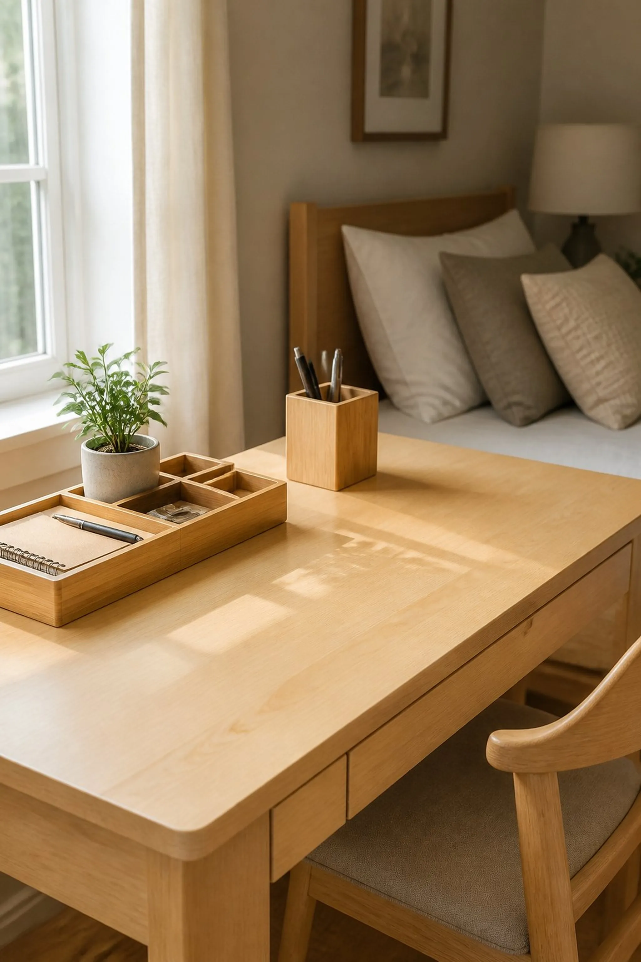 Opt for minimalist desk organizers in natural materials