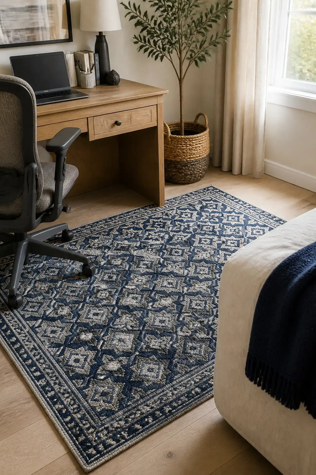 Soft rugs create a cozy boundary for workspace
