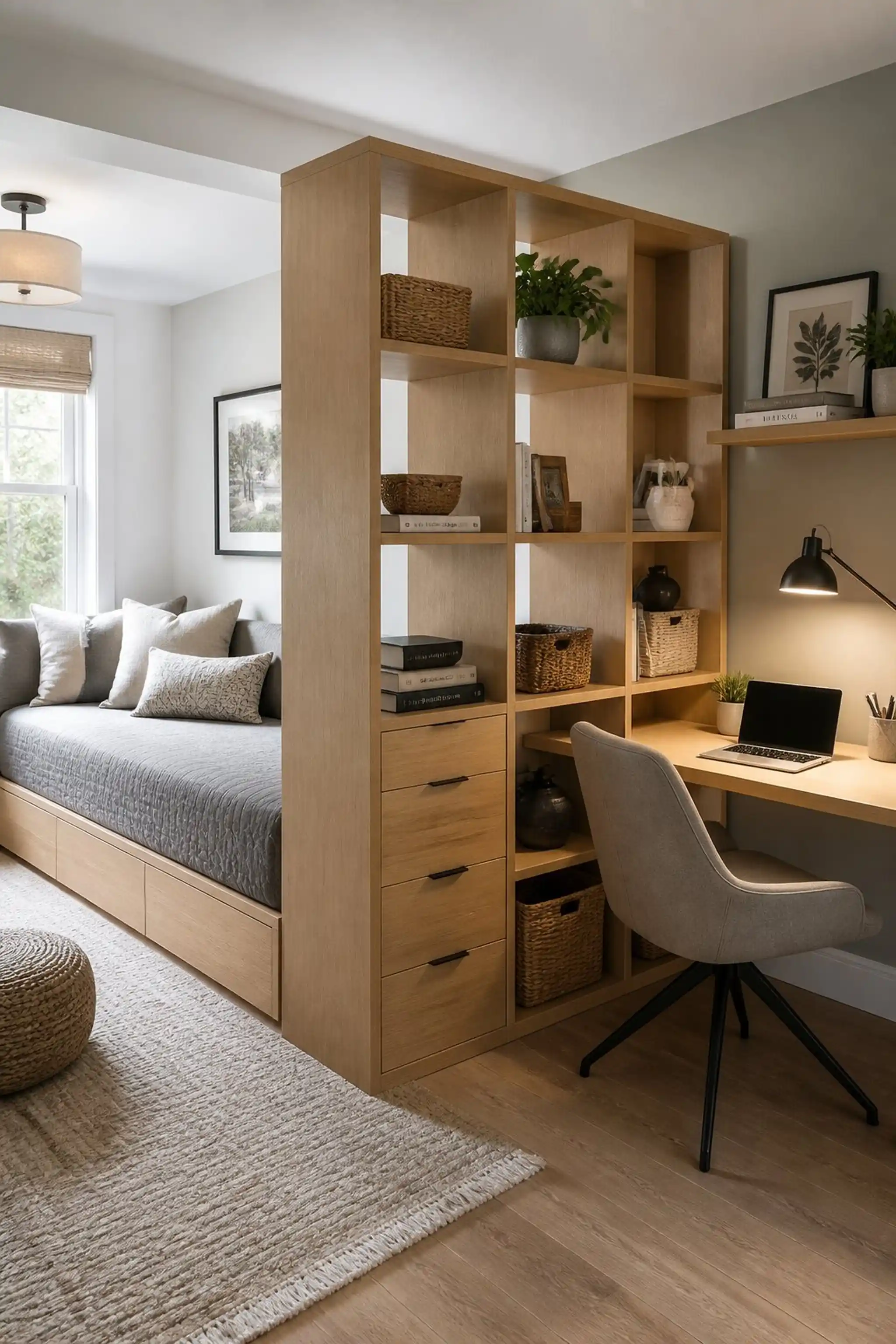 Use a room divider with built-in storage