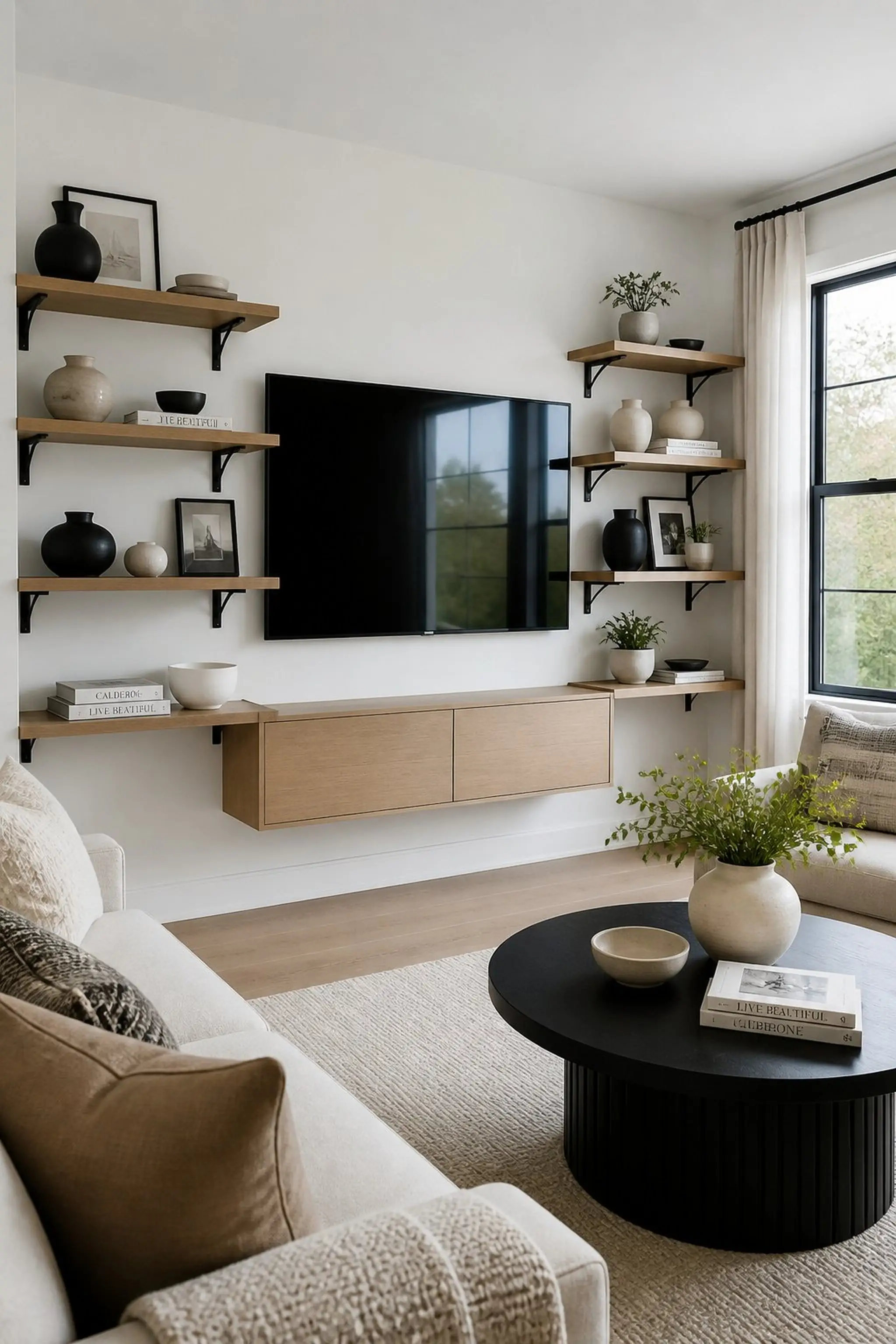 Floating shelves blend tech with natural textures
