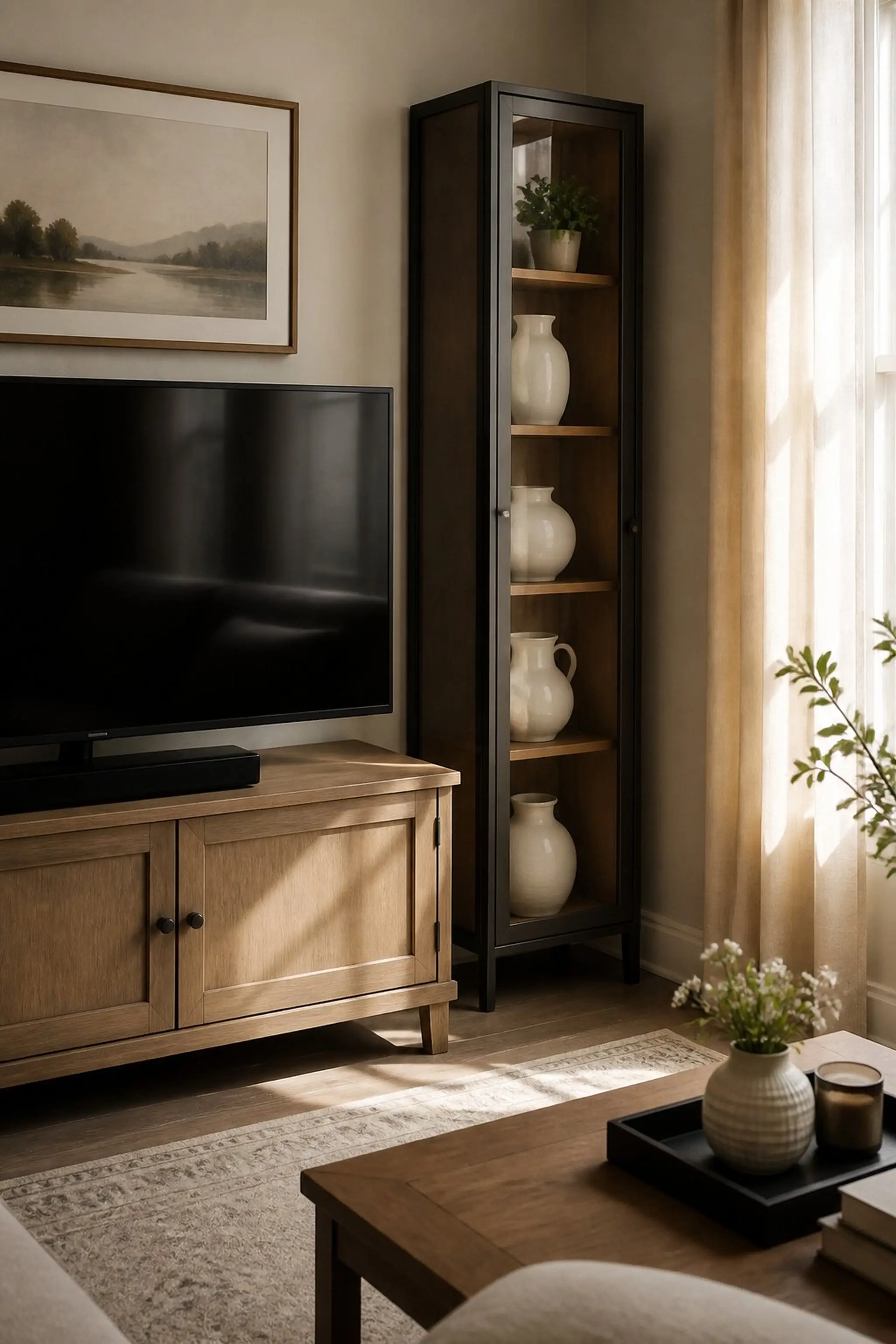 Glass cabinet adds display and reflection softly