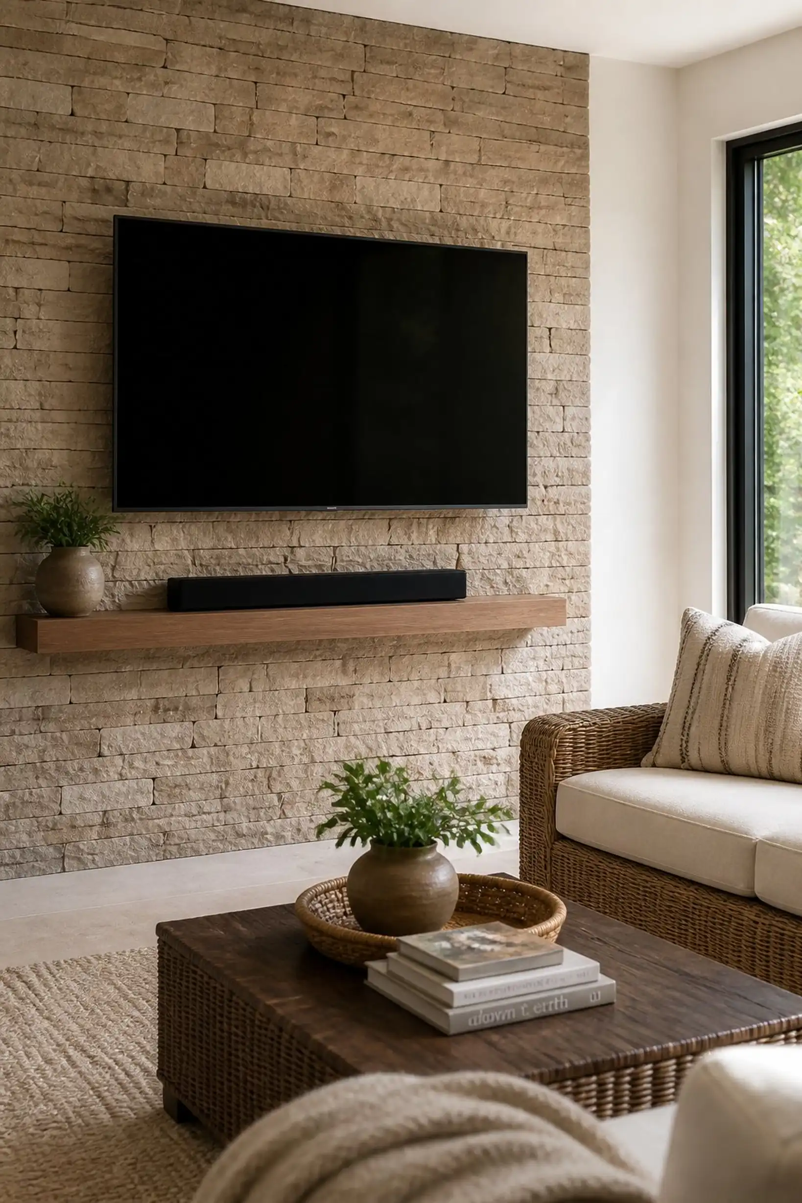 Matte stone feature wall gives natural texture