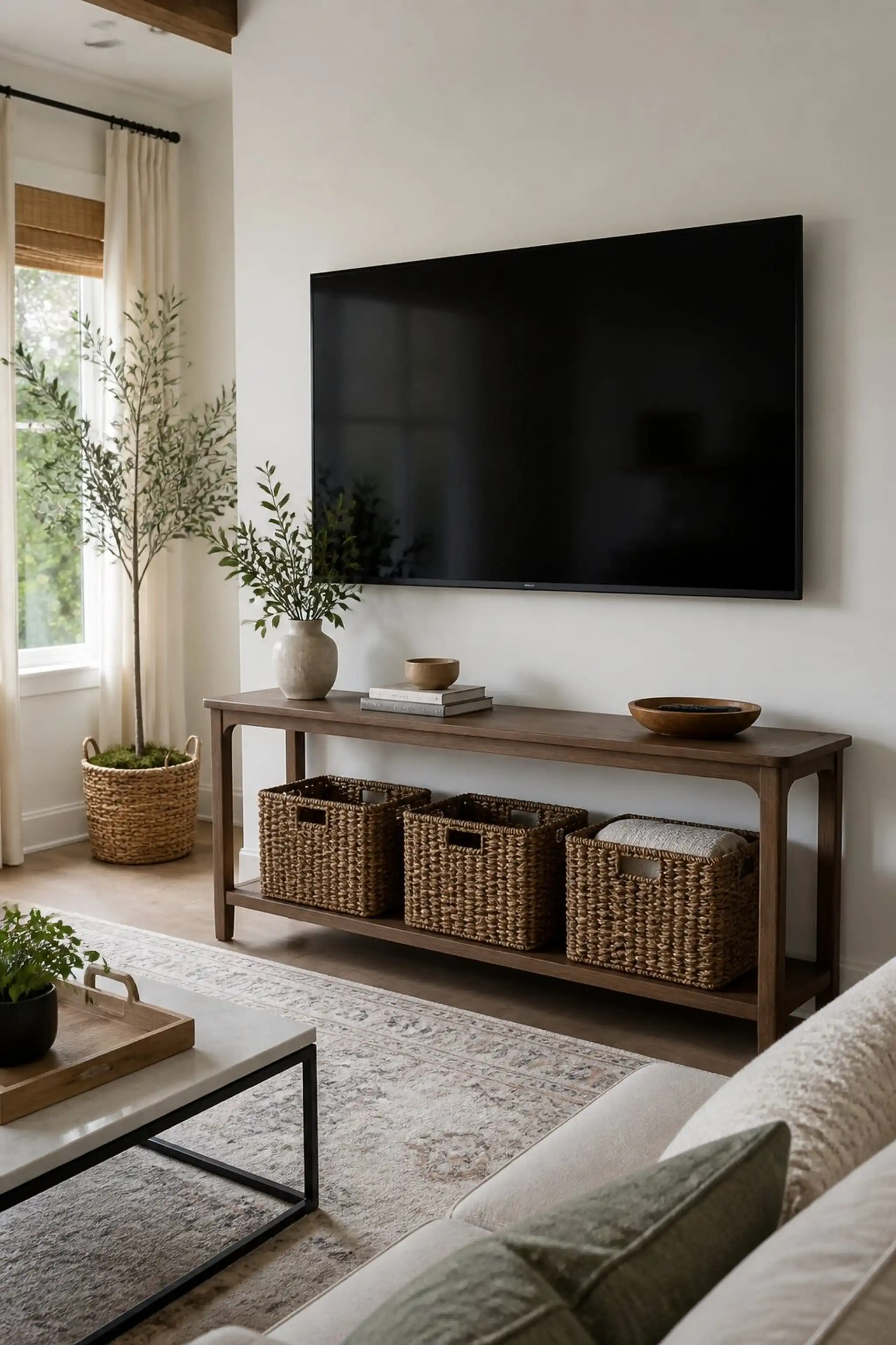 Simple console table adds warmth without bulk