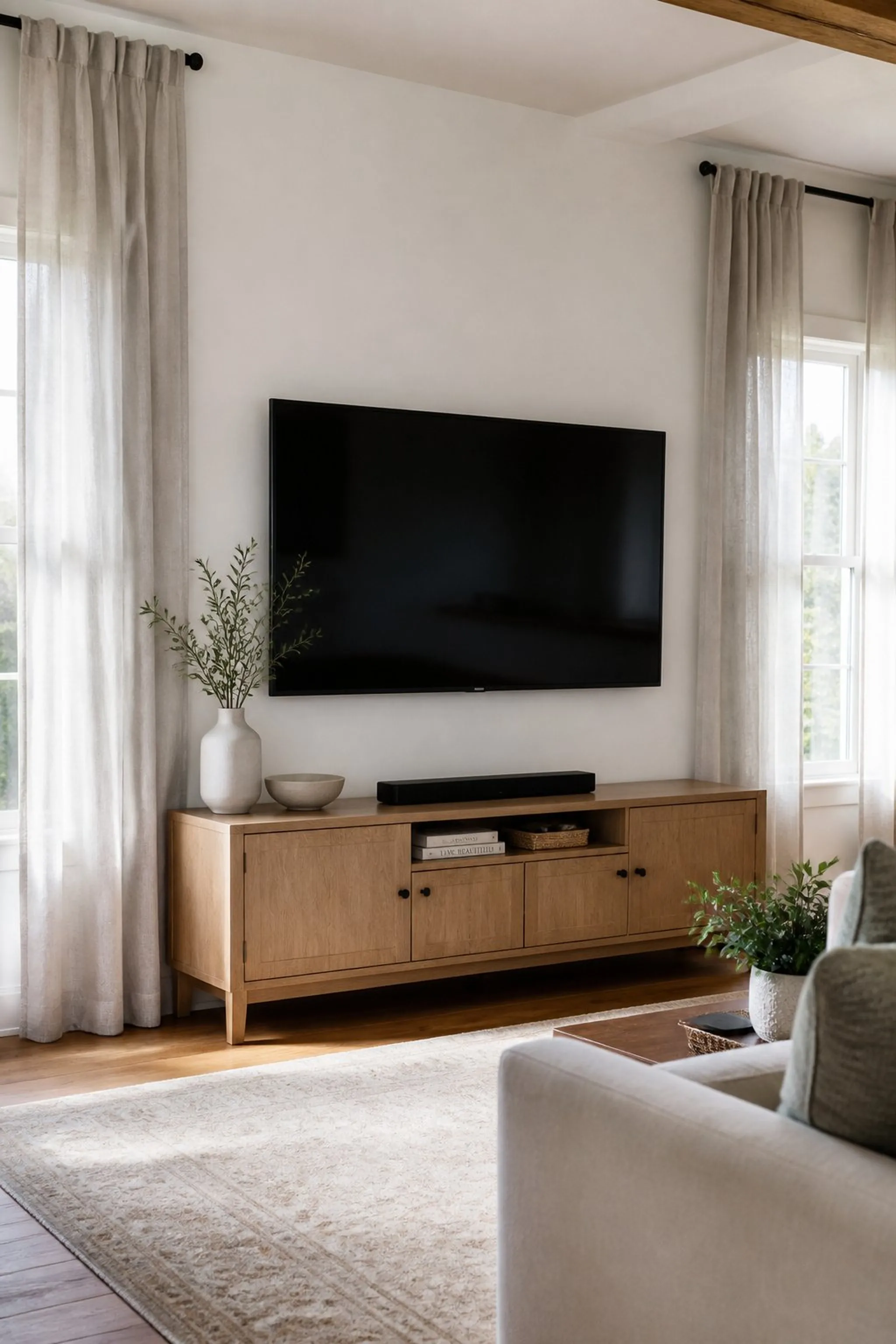 Soft drapes frame the TV wall without blocking light