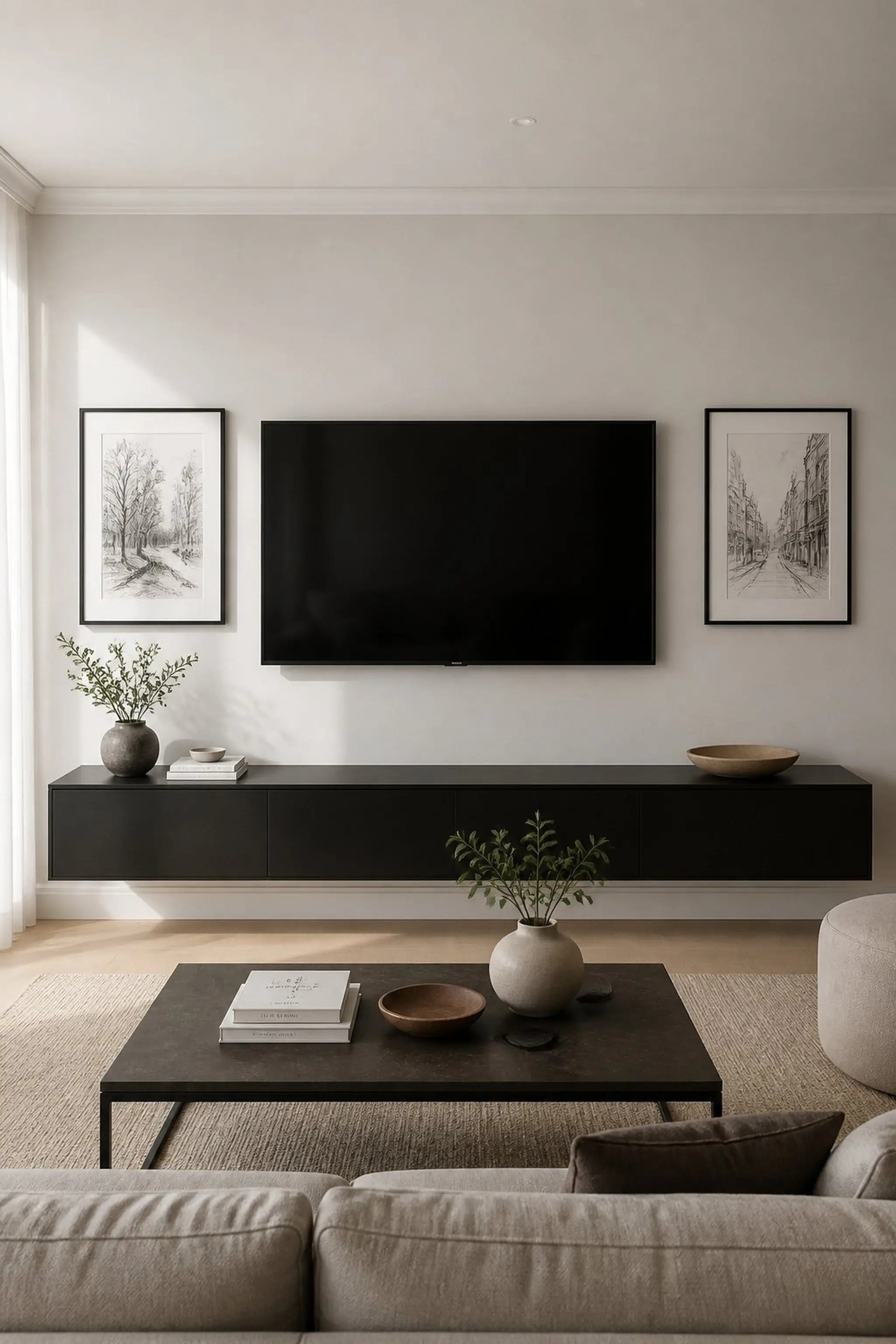 Symmetrical art placement balances bold TV center