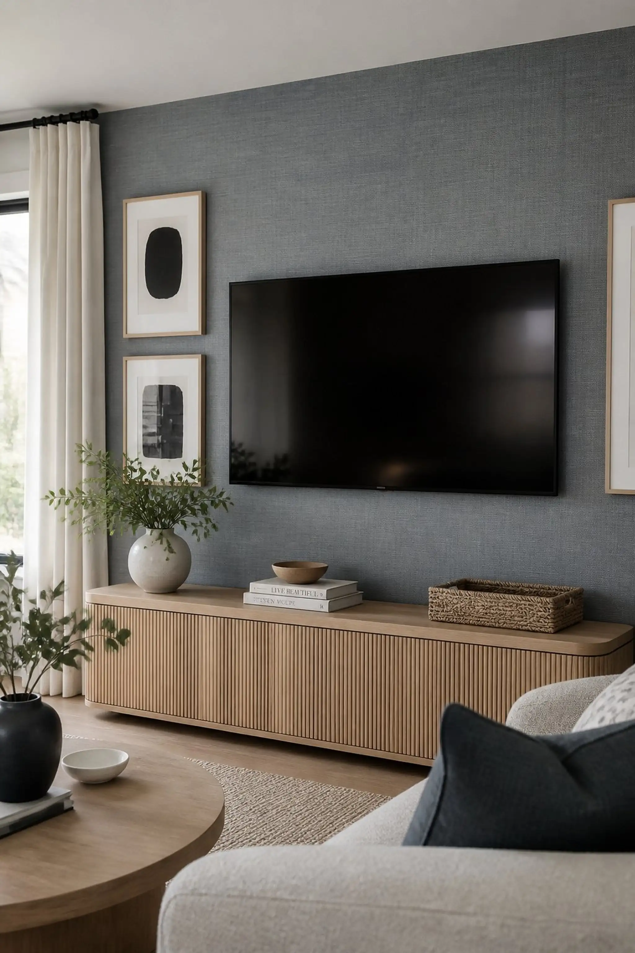 Textured wallpaper adds subtle dimension behind TV