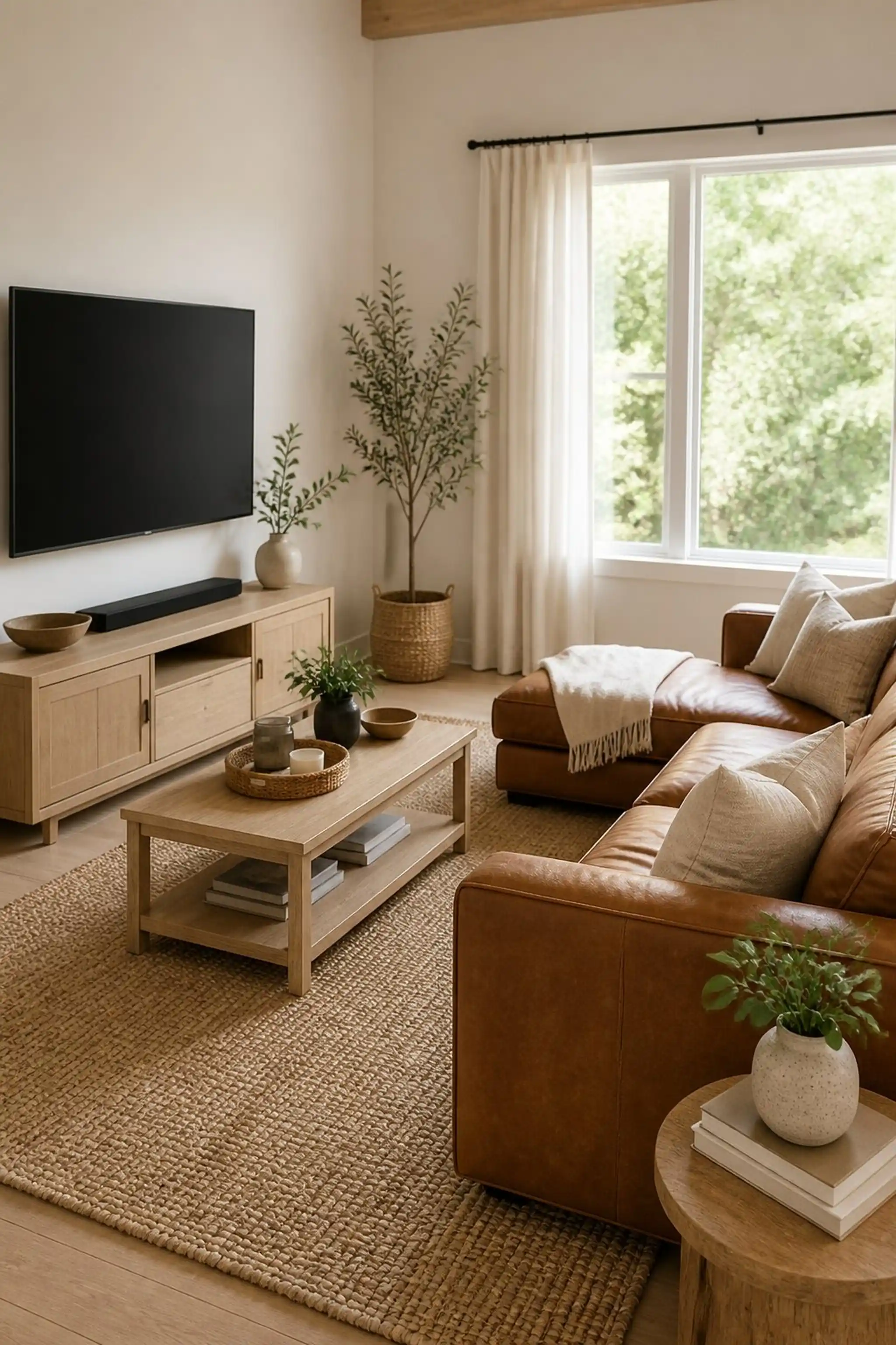 Use neutral area rugs to anchor the TV zone