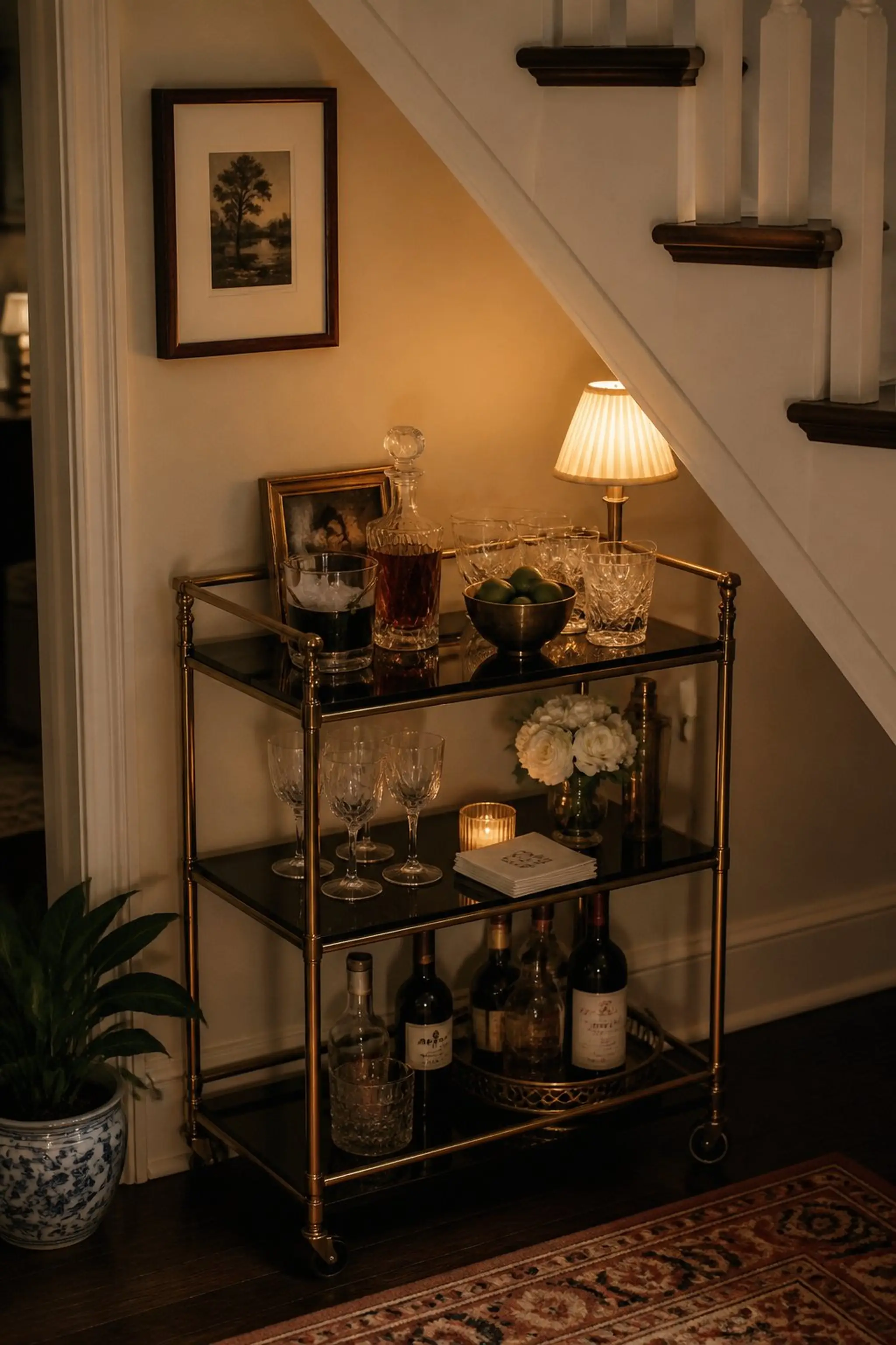 Compact Bar Cart tucked under stairs