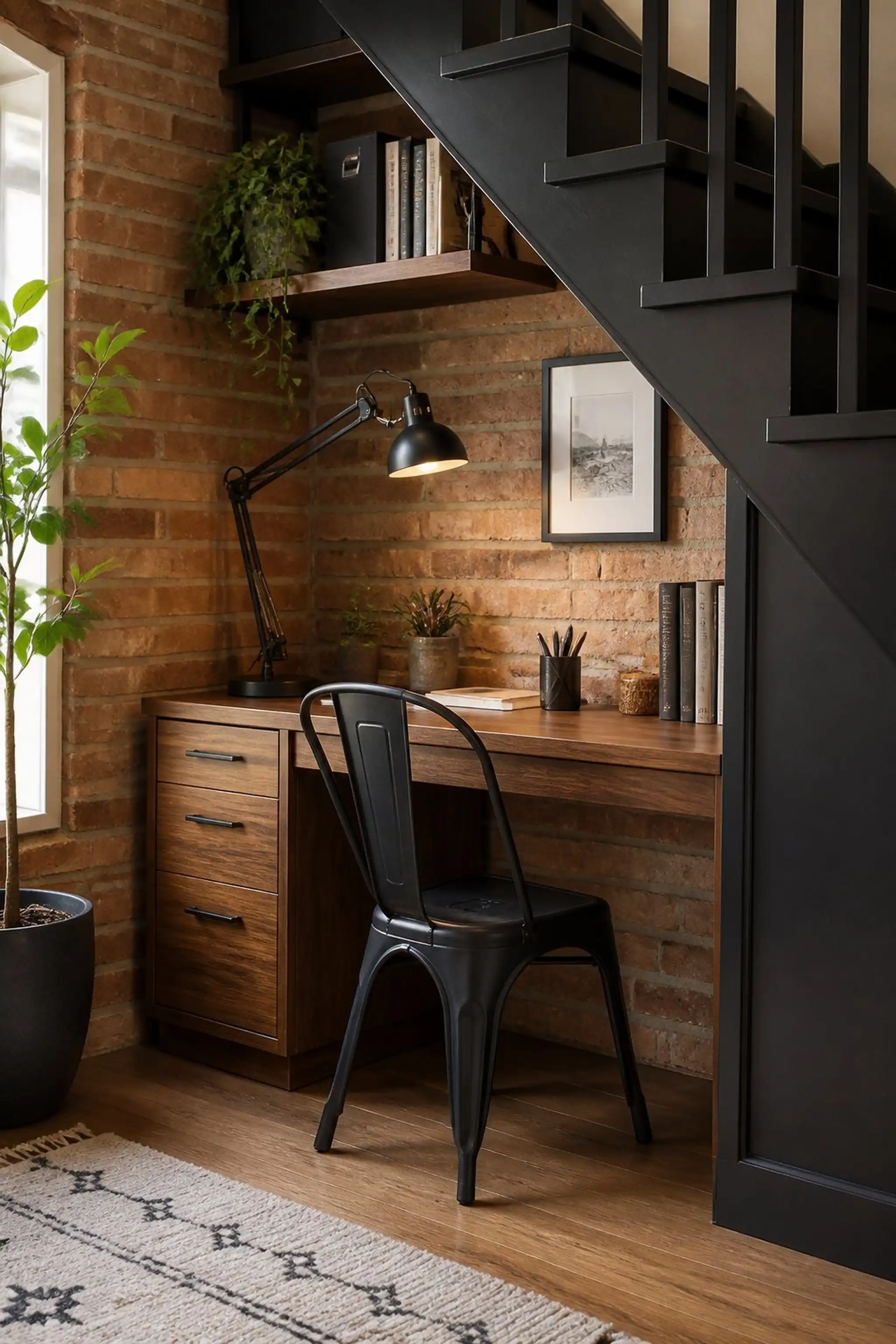 Mini Office Setup fits under narrow stairs