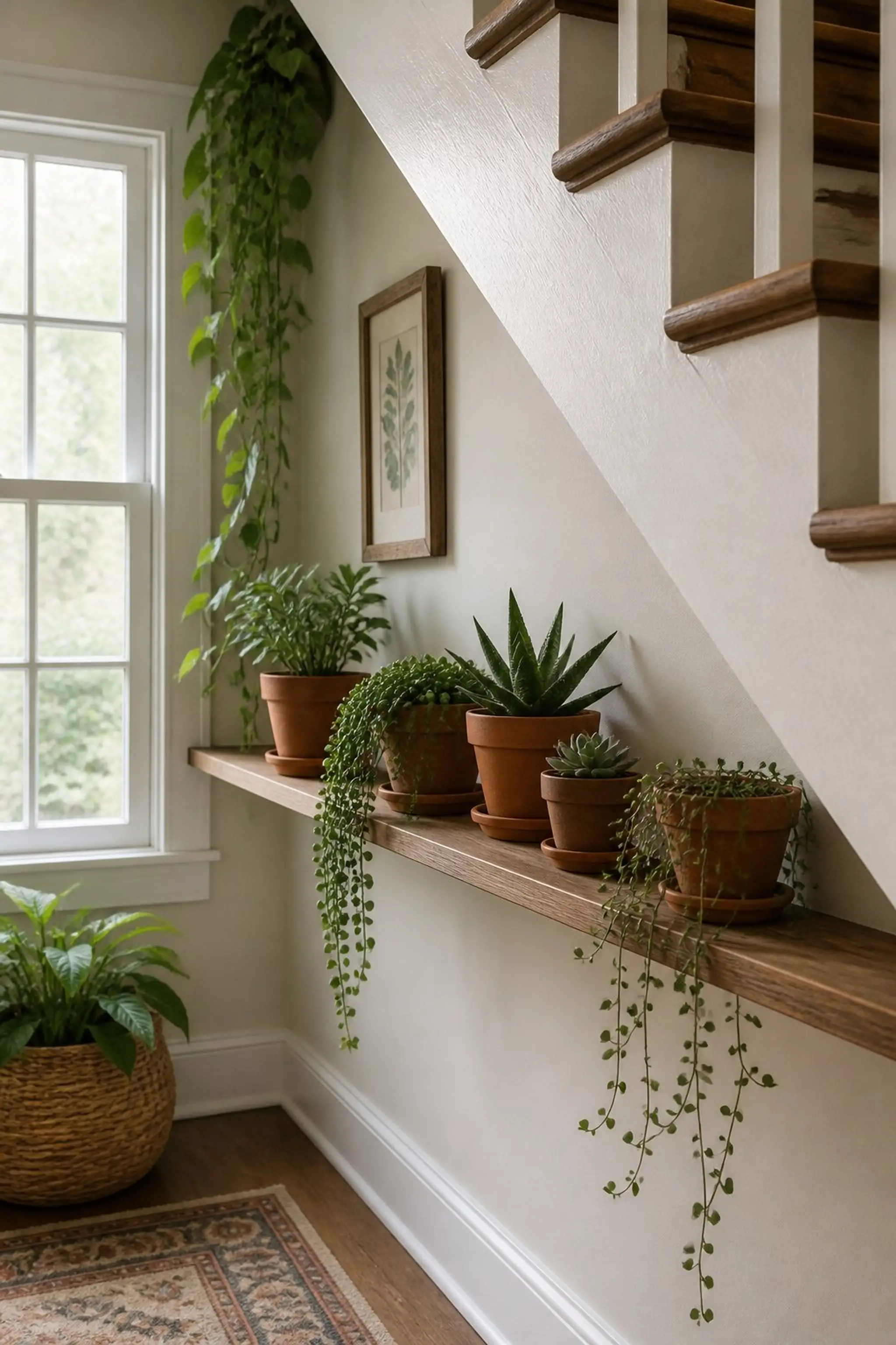 Small Plant Display Brings Life Beneath Stairs