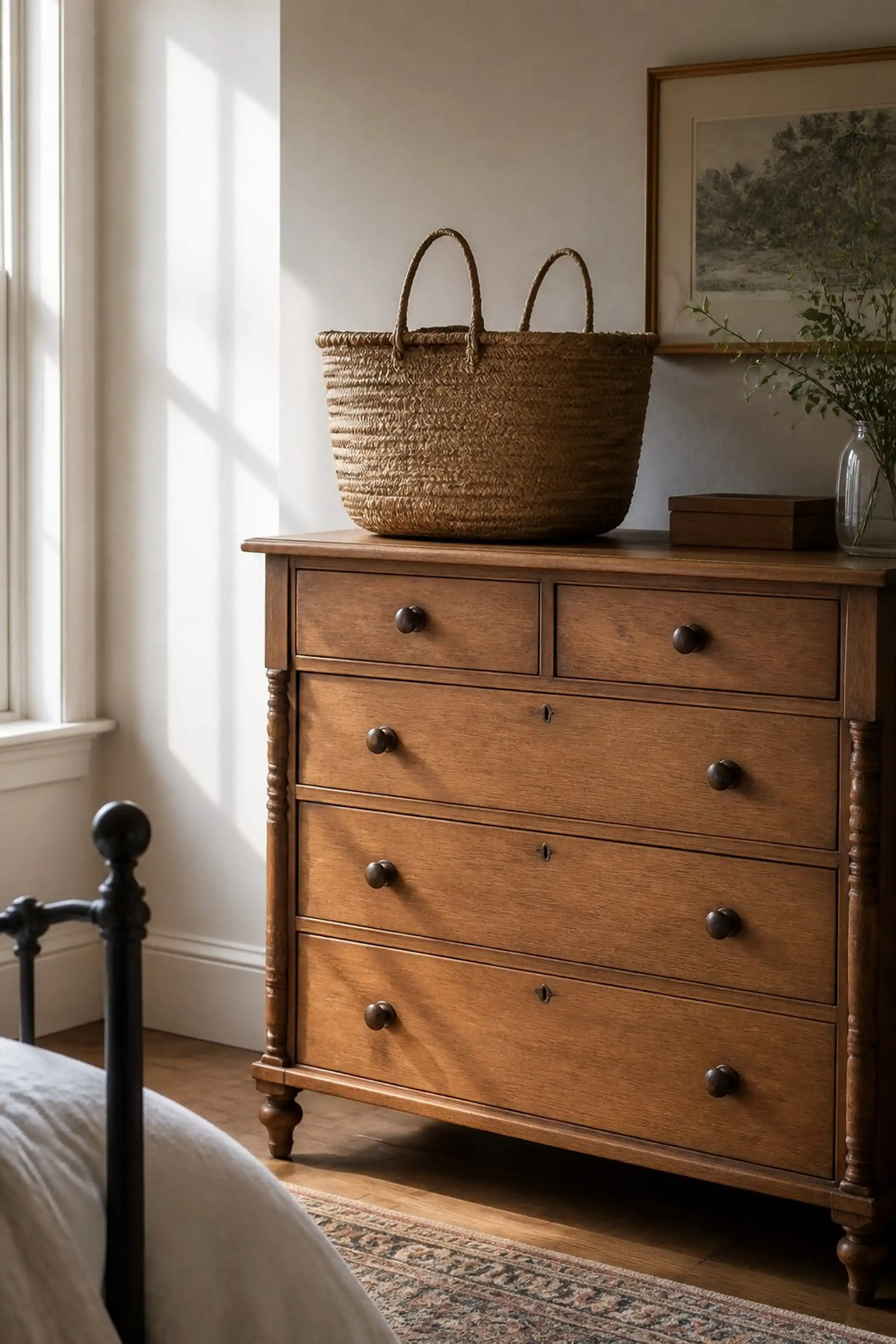 Add a handcrafted woven basket for texture and storage