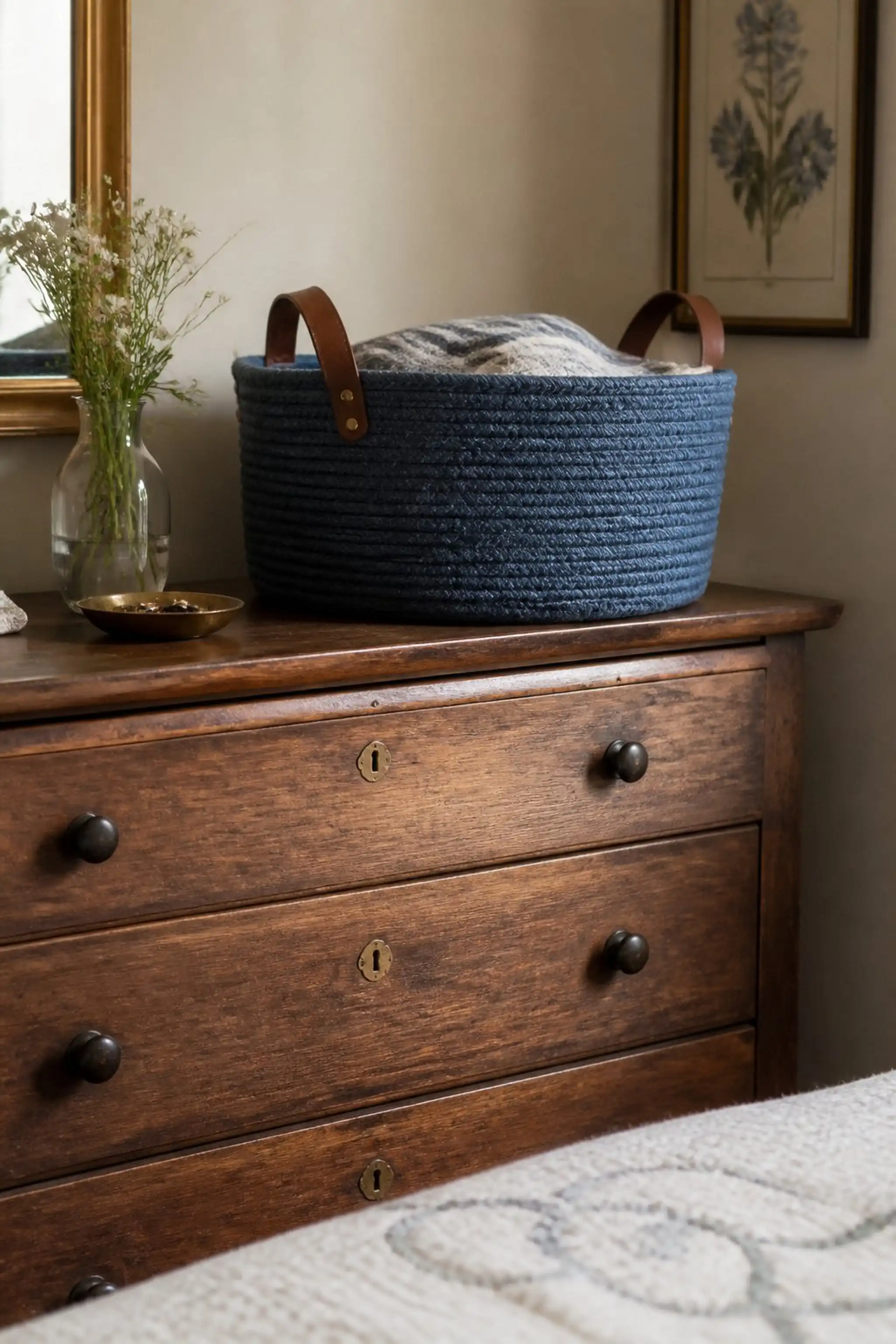 Balance color contrast with a woven fabric basket