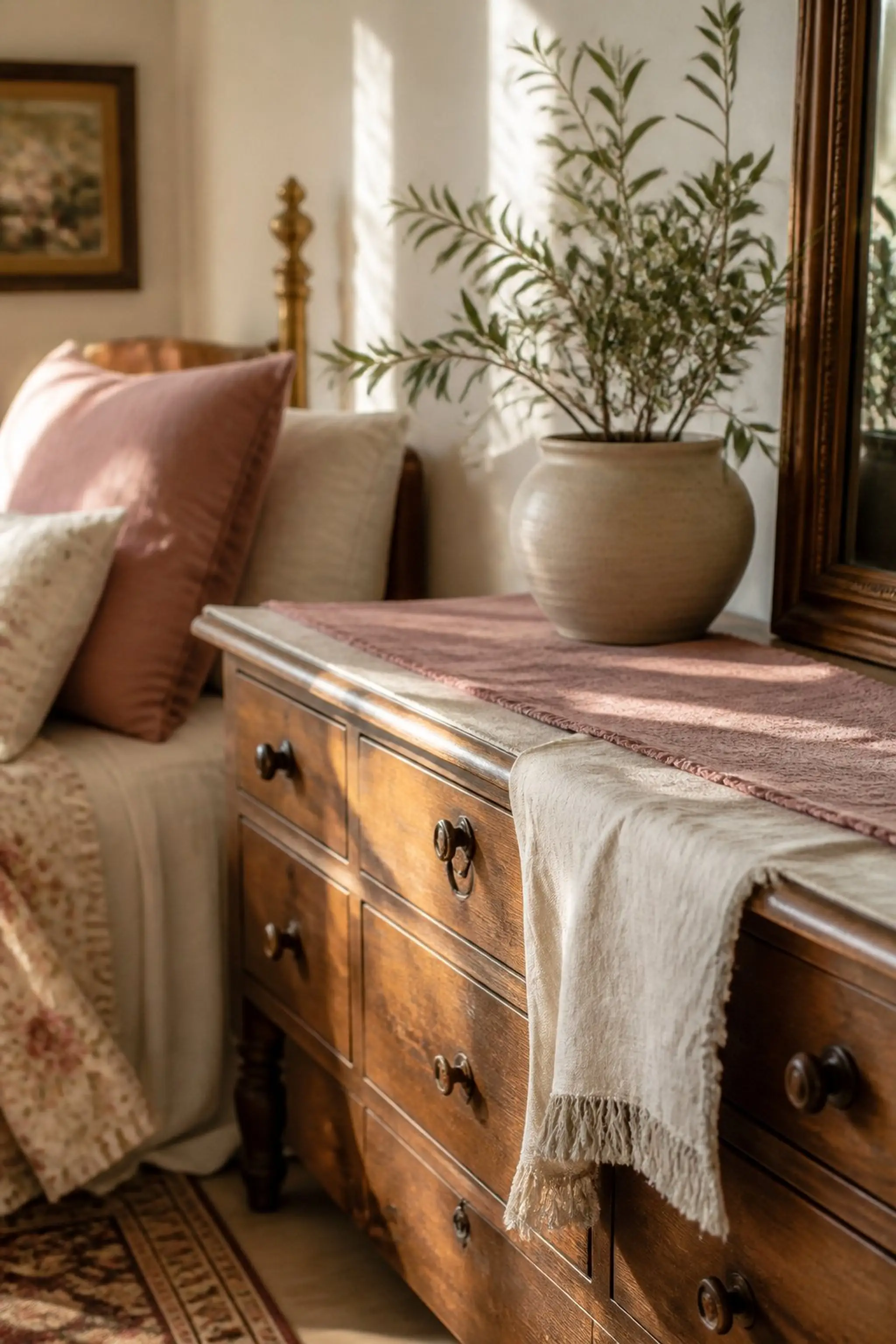 Create warmth with layered textiles and soft hues